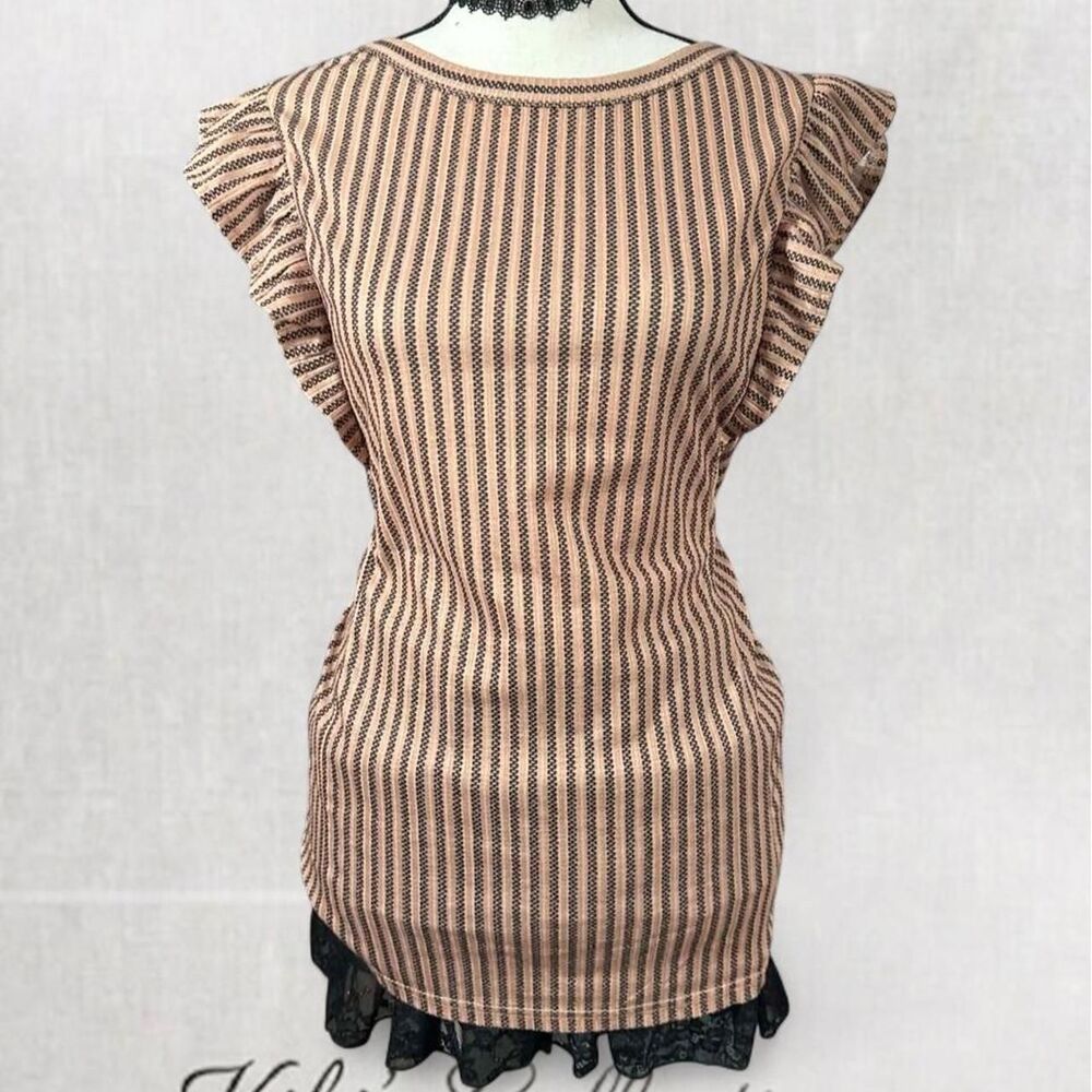 Vintage Style Boho Aesthetic Pinstripe Short Ruffle Sleeve Blouse